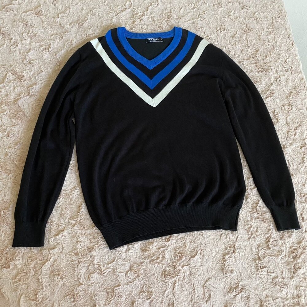 Paul Jones Womens L Large Black Blue Preppy Sweater Academia Cozy